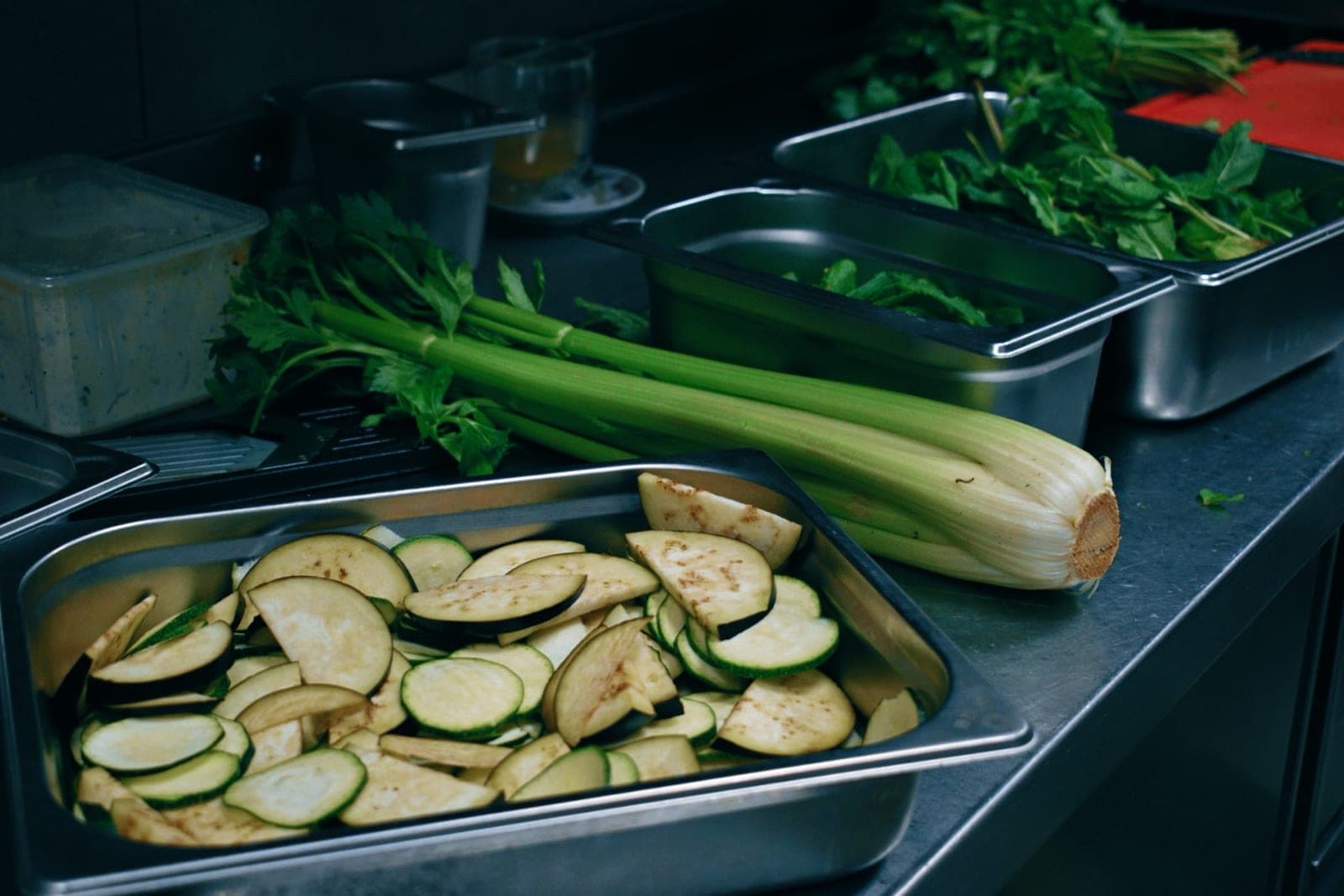 Celery and courgette prepared in the kitchen