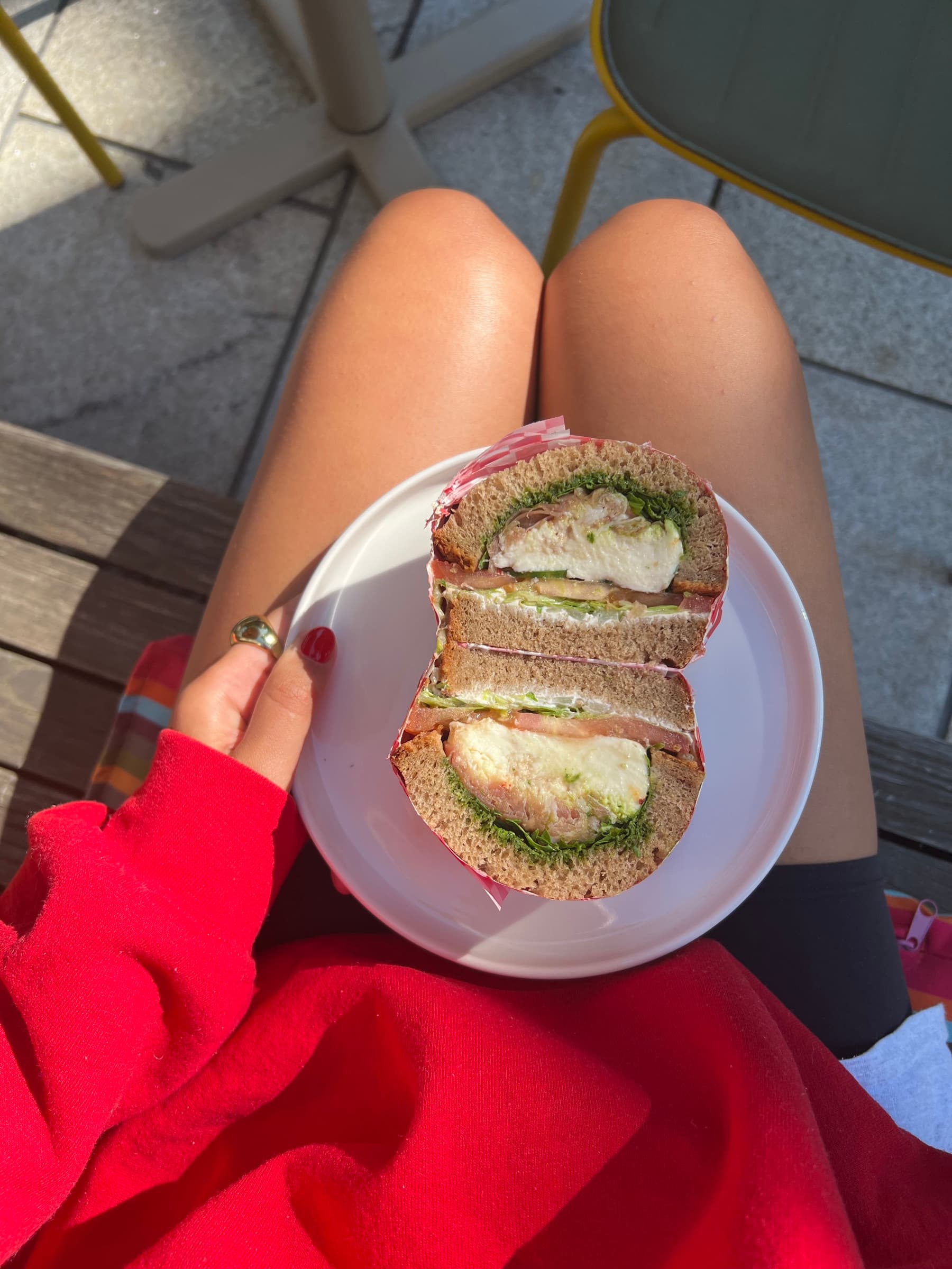 Sandwich on a plate on someone’s lap