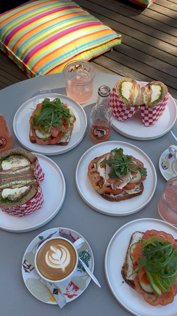 A laid table from above with toasts, sandwiches and cappuccino